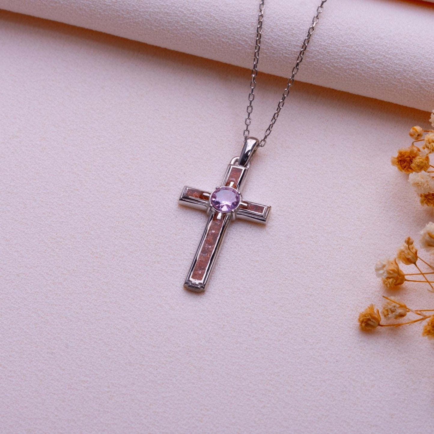 Sunstone Cross Necklace: Sterling Silver Crucifix Pendant, Birthstone Option