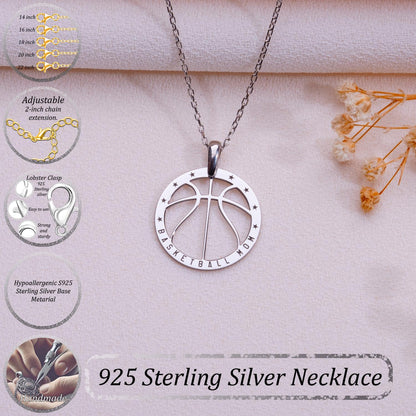 Basketball Mom Necklace – Sterling Silver Sports Pendant Gift for Mom, Cut Out Basketball Jewelry, Personalized Athletic Mom Necklace