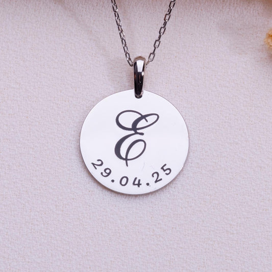 Custom Date Initial Necklace – Personalized Disc Necklace - Dainty Gold Jewelry with Wedding Date - Anniversary Gift for Mom - Gift for Her