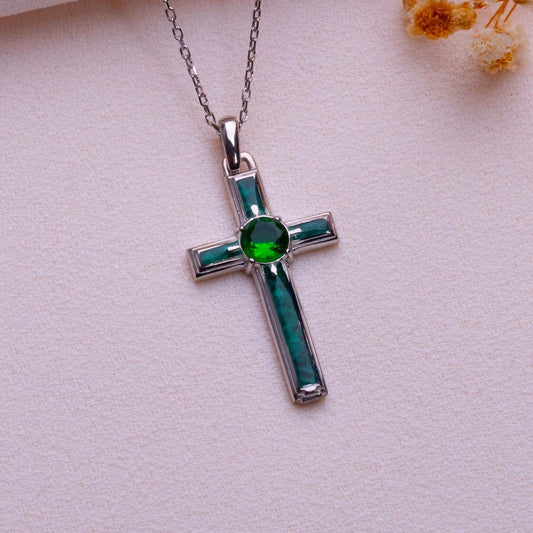 Malachite Cross Necklace • White & Rose Gold Pendant-Rustic Orthodox Charm • Elegant Christian Gift-Mom's Wedding Present-Birthstone Detail