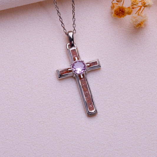 Sunstone Cross Necklace-Unique Solid Gold Crucifix for Women-Minimalist Pendant • Engraved Silver Tag-Mom Gift Idea-Fashion Mother's Day