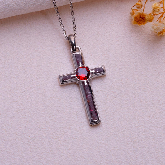 Garnet Cross Necklace with Birthstone • Dainty Gold Cross Charm • Elegant Moissanite Pendant • Gift Box for Mom • Valentine’s Jewelry Set