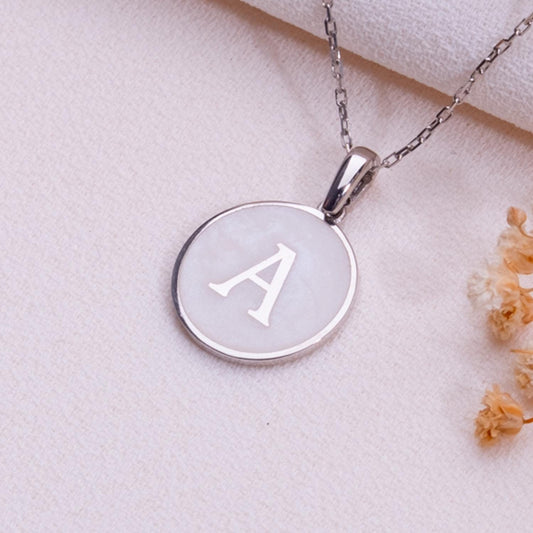 Initial Letter Necklace – Personalized Silver Disc Pendant with Mother of Pearl Effect,Custom Monogram Jewelry Gift for Her,Elegant Letter.