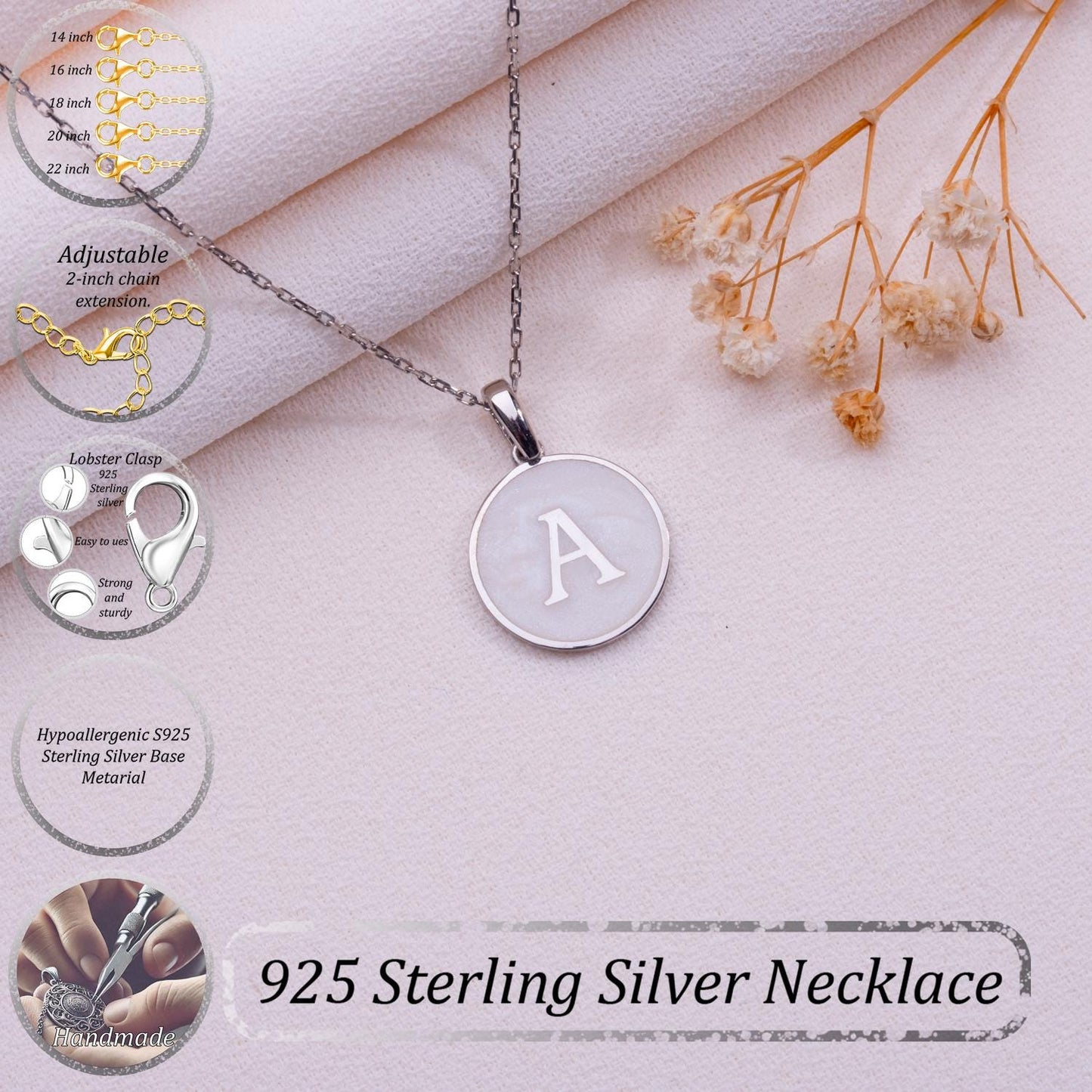 Initial Letter Necklace – Personalized Silver Disc Pendant with Mother of Pearl Effect,Custom Monogram Jewelry Gift for Her,Elegant Letter.