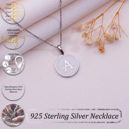 Initial Letter Necklace – Personalized Silver Disc Pendant with Mother of Pearl Effect,Custom Monogram Jewelry Gift for Her,Elegant Letter.