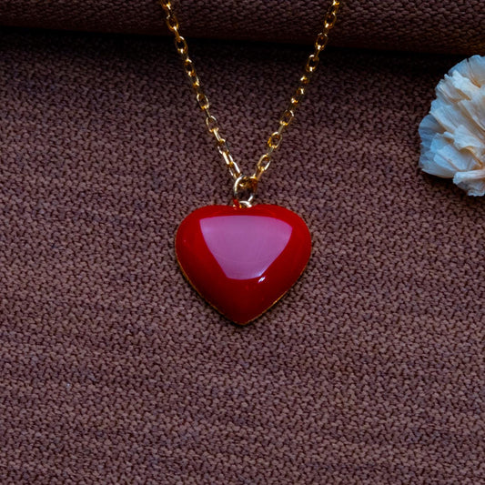 Red Puffy Heart Pendant Necklace–Glossy Handmade Silver Charm,Chunky Love Jewelry Gift for Her,Statement Valentine Necklace,Cute Red Jewelry