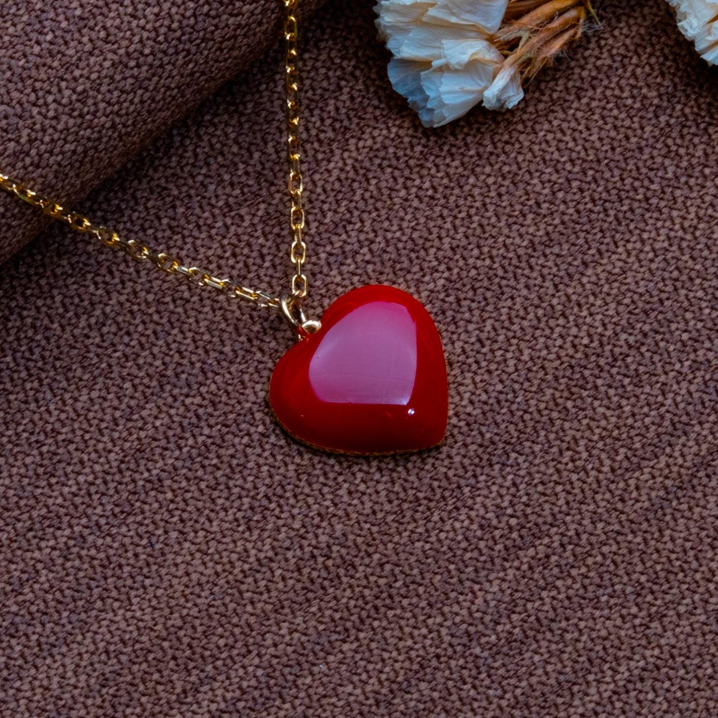 Red Puffy Heart Pendant Necklace–Glossy Handmade Silver Charm,Chunky Love Jewelry Gift for Her,Statement Valentine Necklace,Cute Red Jewelry