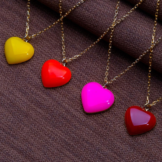 Colorful Puffy Heart Necklace Set – Red,Pink,Yellow, Orange Glossy Charms,Silver Pendant Gift for Her,Valentine's Rainbow Heart Jewelry