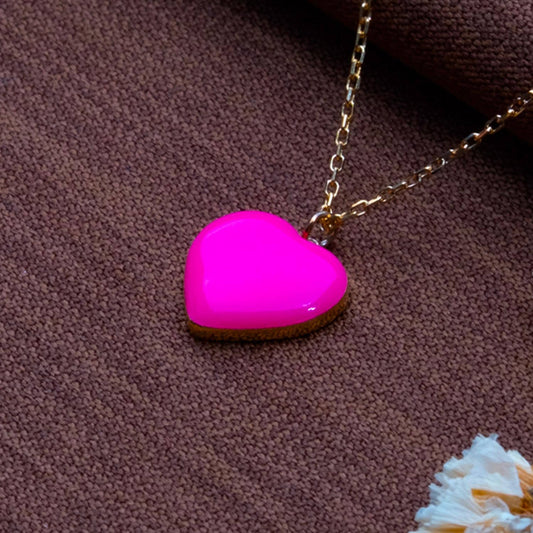 Pink Puffy Heart Necklace – Glossy Enamel Silver Charm on Gold Chain, Handmade Love Pendant Gift for Her,Handmade 925 Silver Love Charm.