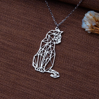 Geometric Cat Necklace – Minimalist Polygon Cat Pendant, Sterling Silver Animal Jewelry, Origami Cat Lover Gift, Modern Pet Necklace for Her