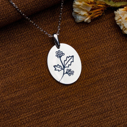 Birth Flower Necklace – Personalized Botanical Pendant,Engraved Silver Floral Jewelry,Birth Month Flower Gift for Her,Handmade Coin Necklace