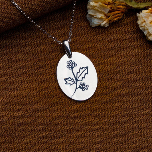 Birth Flower Necklace – Personalized Botanical Pendant,Engraved Silver Floral Jewelry,Birth Month Flower Gift for Her,Handmade Coin Necklace