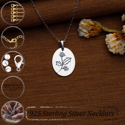 Birth Flower Necklace – Personalized Botanical Pendant,Engraved Silver Floral Jewelry,Birth Month Flower Gift for Her,Handmade Coin Necklace