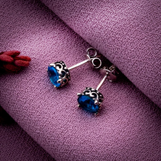 Blue Topaz Stud Earrings, 925 Sterling Silver Scroll Setting, December Birthstone Jewelry, Handmade Blue Gemstone Earrings Gift for Her