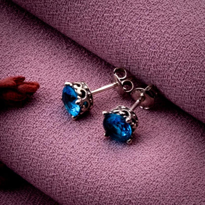 Blue Topaz Stud Earrings, 925 Sterling Silver Scroll Setting, December Birthstone Jewelry, Handmade Blue Gemstone Earrings Gift for Her