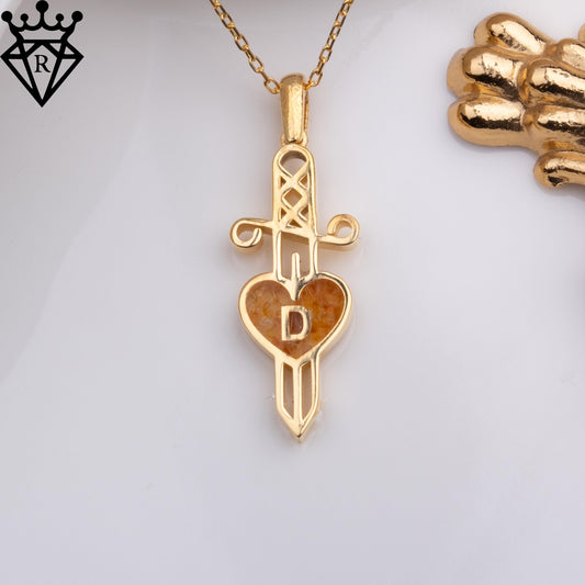 50 Million Year Old Amber Heart Dagger Necklace – Personalized Initial Jewelry–14K Gold Plated 925 Sterling Silver Handmade Gift for Her Him