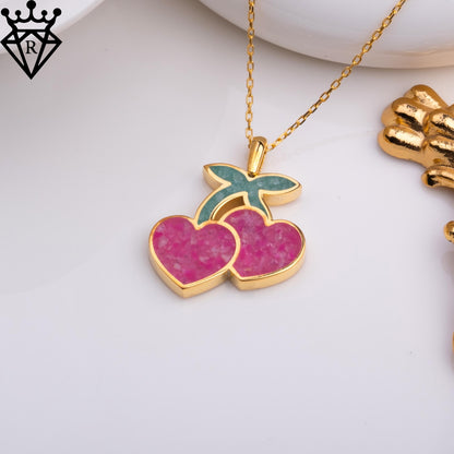 Pink Agate Cherry Necklace, Aventurine Leaf Pendant, 14K Gold Plated 925 Sterling Silver, Heart Shaped Fruit Jewelry, Handmade Gift for Her