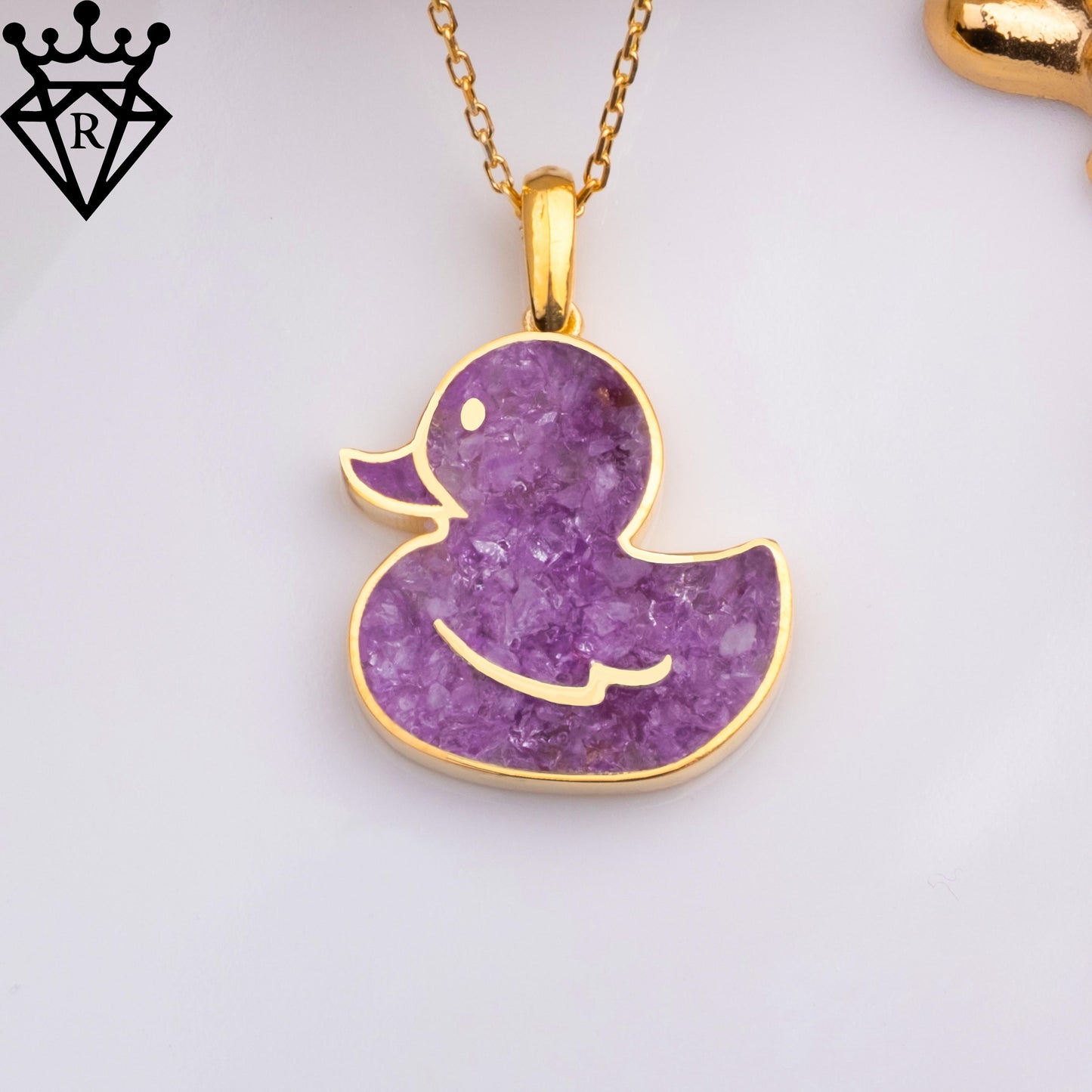 Amethyst Duck Pendant Necklace – 14K Gold Plated 925 Sterling Silver, Handmade Purple Gemstone Jewelry, Cute Animal Gift for Women and Girls