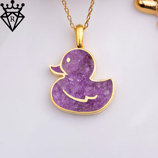 Amethyst Duck Pendant Necklace – 14K Gold Plated 925 Sterling Silver, Handmade Purple Gemstone Jewelry, Cute Animal Gift for Women and Girls
