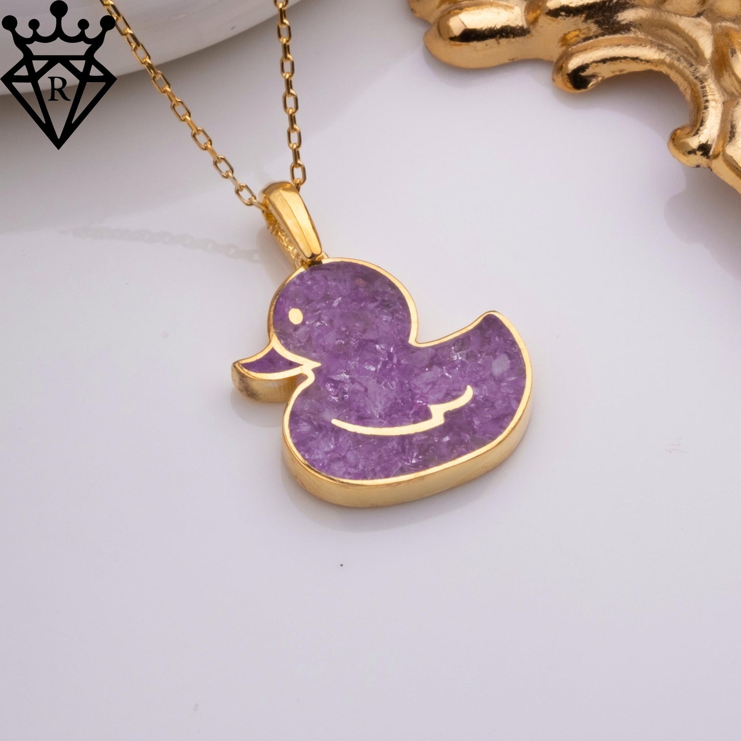 Amethyst Duck Pendant Necklace – 14K Gold Plated 925 Sterling Silver, Handmade Purple Gemstone Jewelry, Cute Animal Gift for Women and Girls