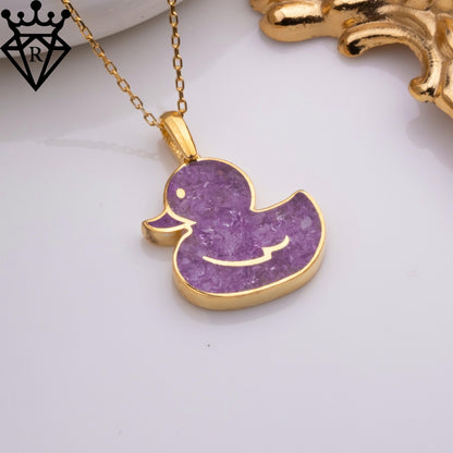 Amethyst Duck Pendant Necklace – 14K Gold Plated 925 Sterling Silver, Handmade Purple Gemstone Jewelry, Cute Animal Gift for Women and Girls