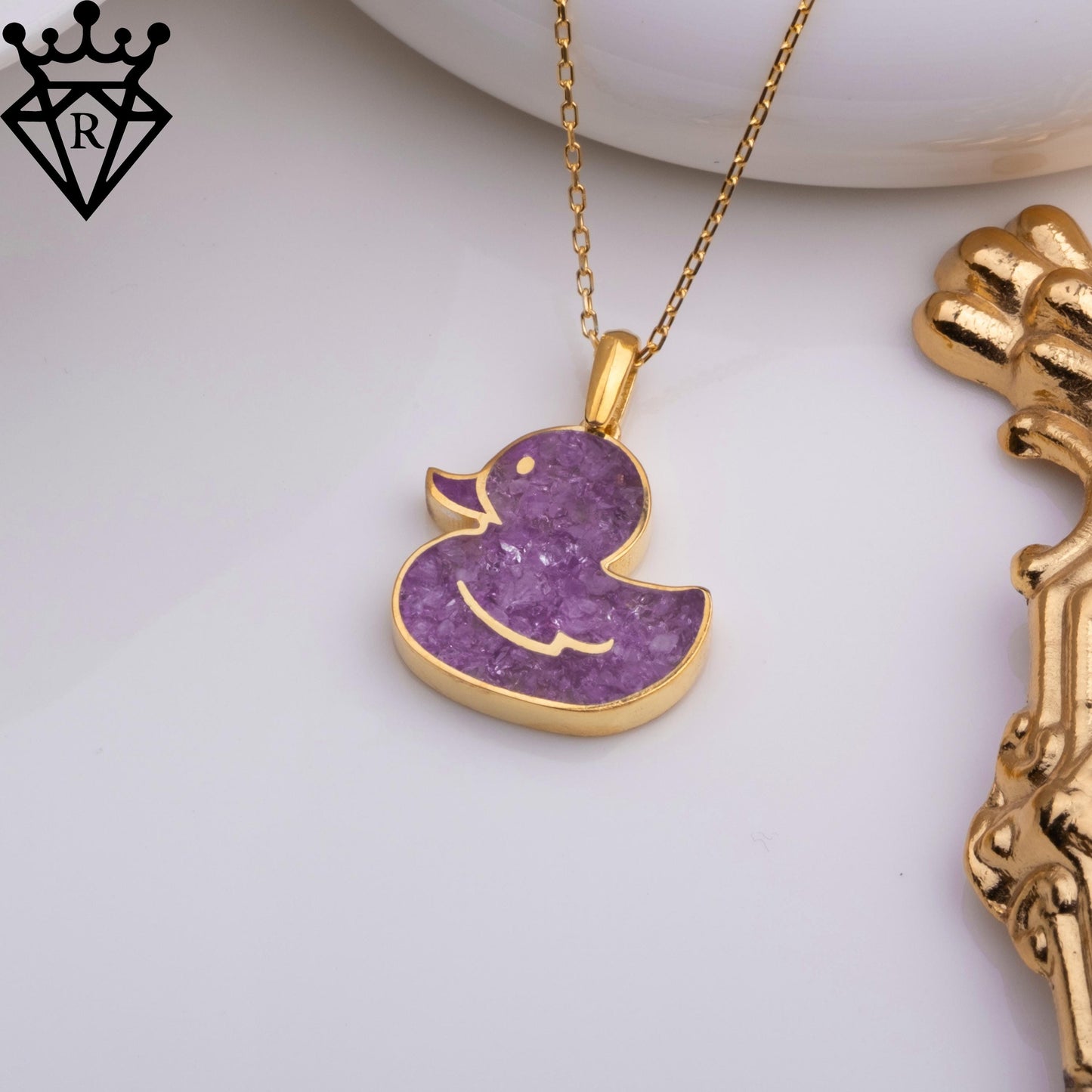 Amethyst Duck Pendant Necklace – 14K Gold Plated 925 Sterling Silver, Handmade Purple Gemstone Jewelry, Cute Animal Gift for Women and Girls