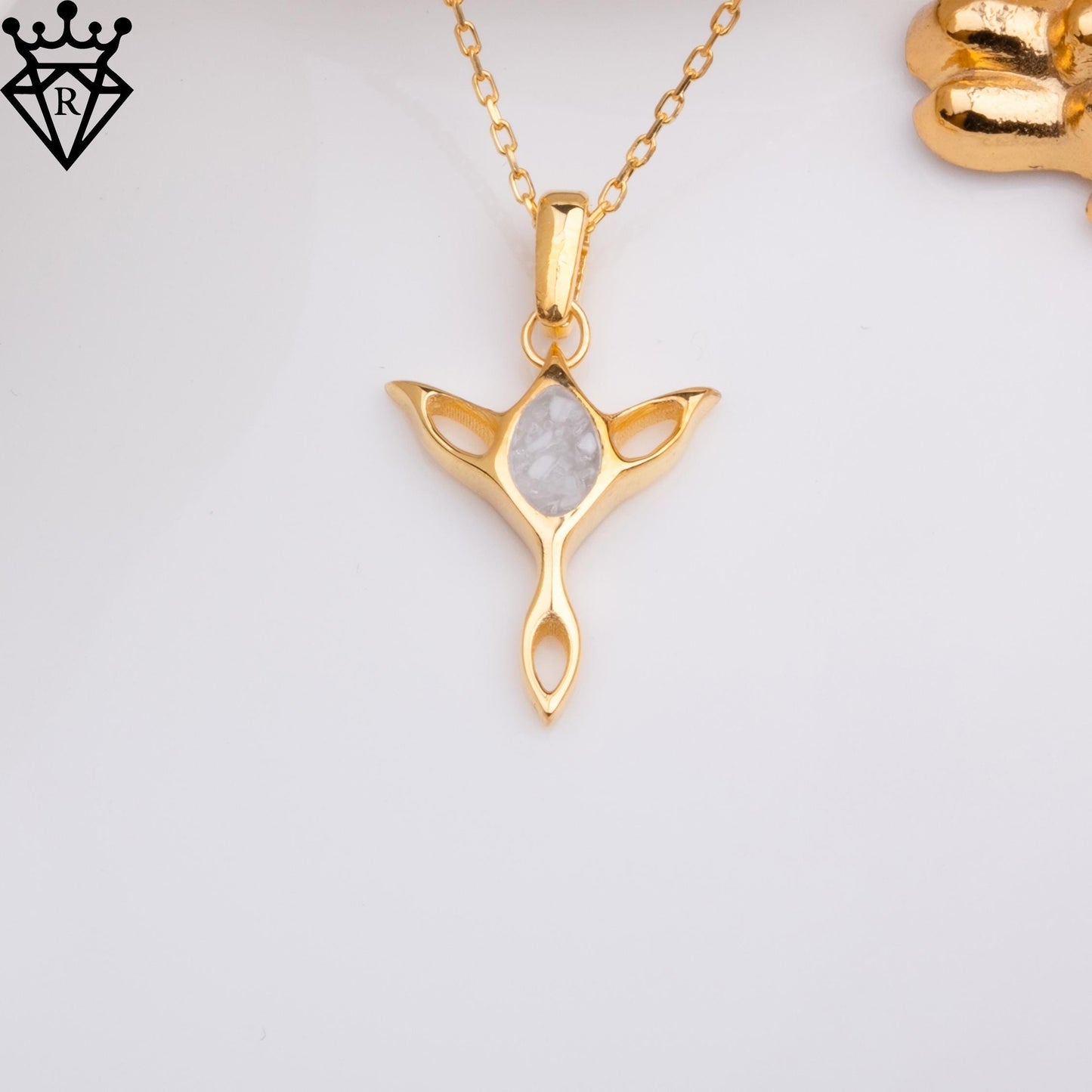 Moonstone Elf Necklace–Handmade Fantasy Jewelry Pendant, Elven Crystal Necklace, Forest Arwen Lord of the Rings Inspired Gift,14 k gold elf