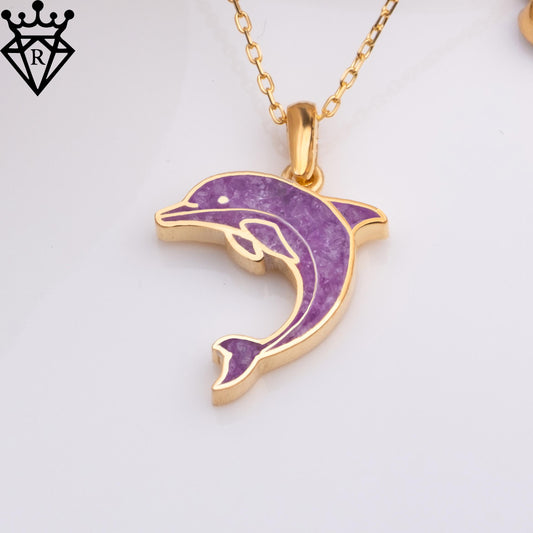 Amethyst Dolphin Necklace–14K Gold,Sterling Silver Ocean Jewelry,Purple Gemstone Pendant,Handmade Animal Charm Gift for Her,Nautical Jewelry