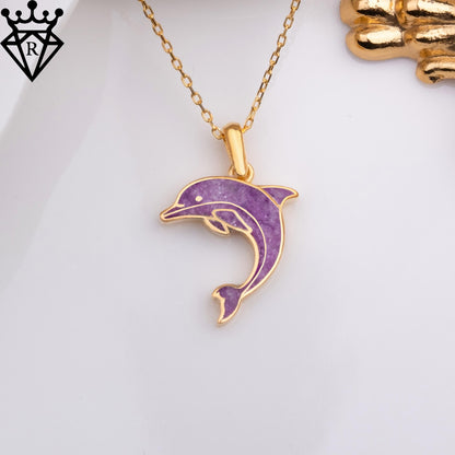 Amethyst Dolphin Necklace–14K Gold,Sterling Silver Ocean Jewelry,Purple Gemstone Pendant,Handmade Animal Charm Gift for Her,Nautical Jewelry