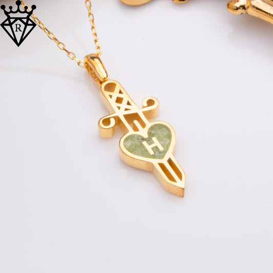 Peridot Heart Initial Necklace – Gold Silver Dagger Pendant, August Birthstone Jewelry,Handmade Small Heart Personalized Pendant for Her