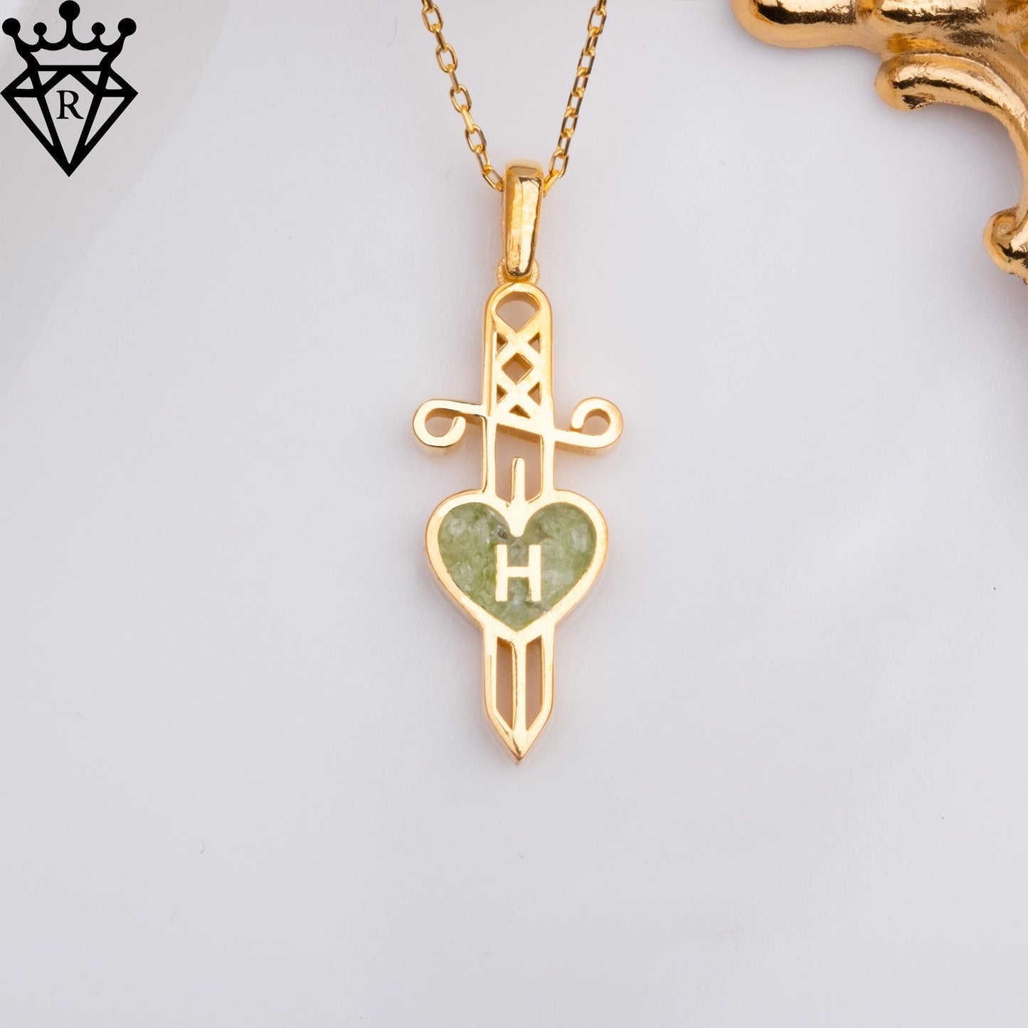 Peridot Heart Initial Necklace – Gold Silver Dagger Pendant, August Birthstone Jewelry,Handmade Small Heart Personalized Pendant for Her
