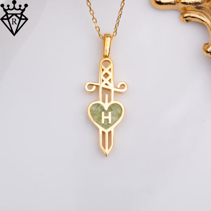 Peridot Heart Initial Necklace – Gold Silver Dagger Pendant, August Birthstone Jewelry,Handmade Small Heart Personalized Pendant for Her