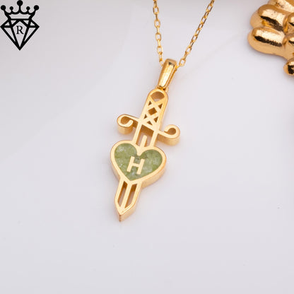 Peridot Heart Initial Necklace – Gold Silver Dagger Pendant, August Birthstone Jewelry,Handmade Small Heart Personalized Pendant for Her