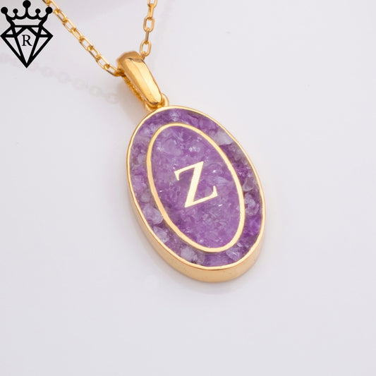 Amethyst Initial Necklace – 14K Gold Plated 925 Sterling Silver Rectangle Pendant – February Birthstone Jewelry – Personalized Gift for Her