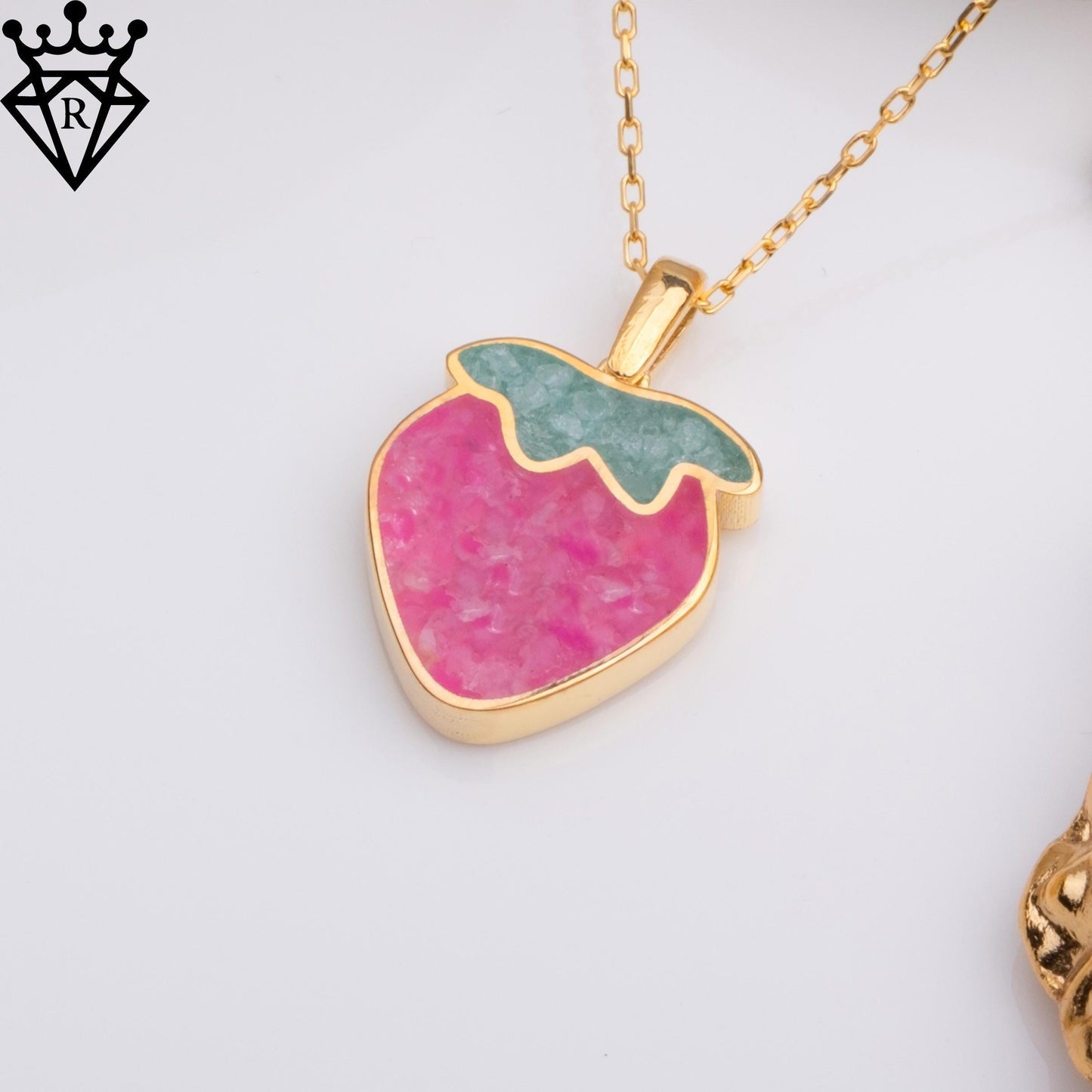 Pink Agate Strawberry Necklace, Aventurine Leaf Pendant, 14K Gold Plated 925 Silver, Cute Fruit Jewelry, Handmade Gift for Her