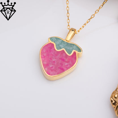 Pink Agate Strawberry Necklace, Aventurine Leaf Pendant, 14K Gold Plated 925 Silver, Cute Fruit Jewelry, Handmade Gift for Her