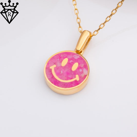 Pink Agate Smiley Face Necklace, 14K Gold, 925 Sterling Silver Positive Pendant, Dainty Handmade Happy Good Vibes Jewelry Gift for Her Women