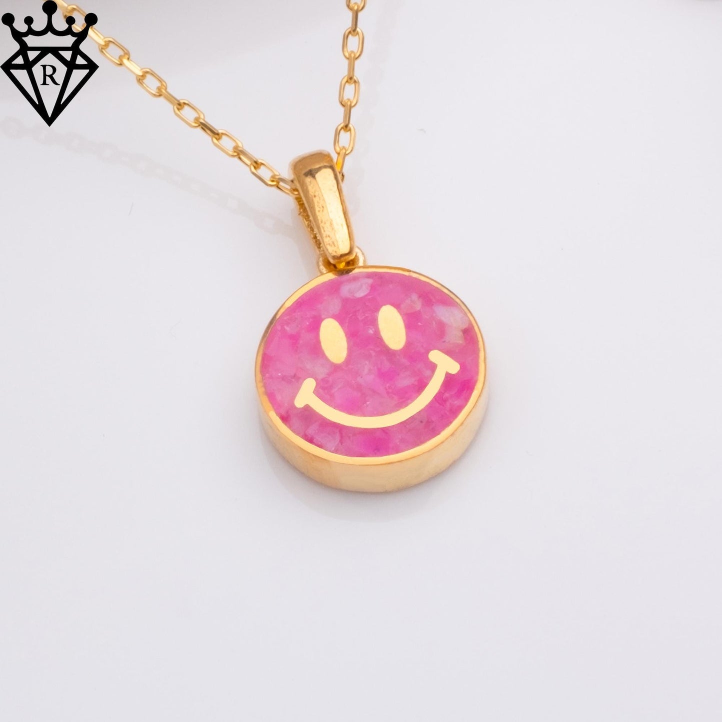 Pink Agate Smiley Face Necklace, 14K Gold, 925 Sterling Silver Positive Pendant, Dainty Handmade Happy Good Vibes Jewelry Gift for Her Women