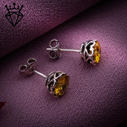 Citrine Stud Earrings, 925 Sterling Silver Yellow Gemstone Earrings, November Birthstone Jewelry, Gift for Her, Handmade Vintage Style