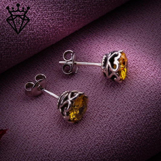Citrine Stud Earrings, 925 Sterling Silver Yellow Gemstone Earrings, November Birthstone Jewelry, Gift for Her, Handmade Vintage Style