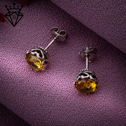 Citrine Stud Earrings, 925 Sterling Silver Yellow Gemstone Earrings, November Birthstone Jewelry, Gift for Her, Handmade Vintage Style