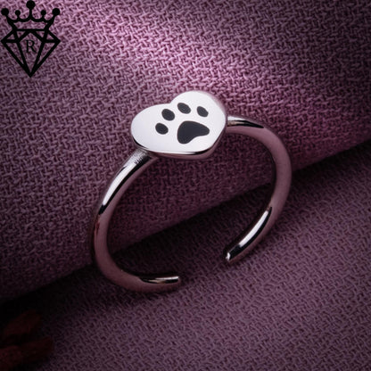 Adjustable Paw Print Heart Ring, 925 sterling Silver Pet Memorial Jewelry, Dog or Cat Lover Gift, Heart Paw Print Ring for Animal Lovers
