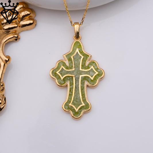 Front close-up of the scalloped green crucifix pendant on a Gold Plated Silver chain
