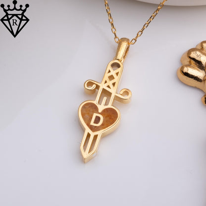 50 Million Year Old Amber Heart Dagger Necklace – Personalized Initial Jewelry–14K Gold Plated 925 Sterling Silver Handmade Gift for Her Him