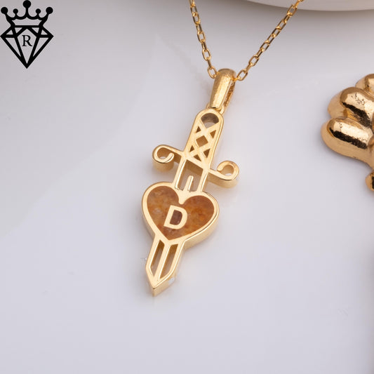 50 Million Year Old Amber Heart Dagger Necklace – Personalized Initial Jewelry–14K Gold Plated 925 Sterling Silver Handmade Gift for Her Him
