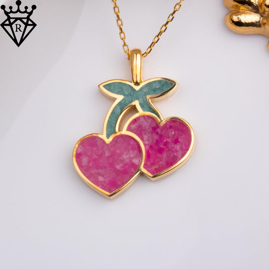 Pink Agate Cherry Necklace, Aventurine Leaf Pendant, 14K Gold Plated 925 Sterling Silver, Heart Shaped Fruit Jewelry, Handmade Gift for Her