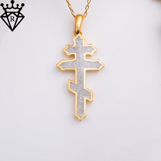 Front view of the Gold Plated Silver rainbow moonstone stepped cross pendant