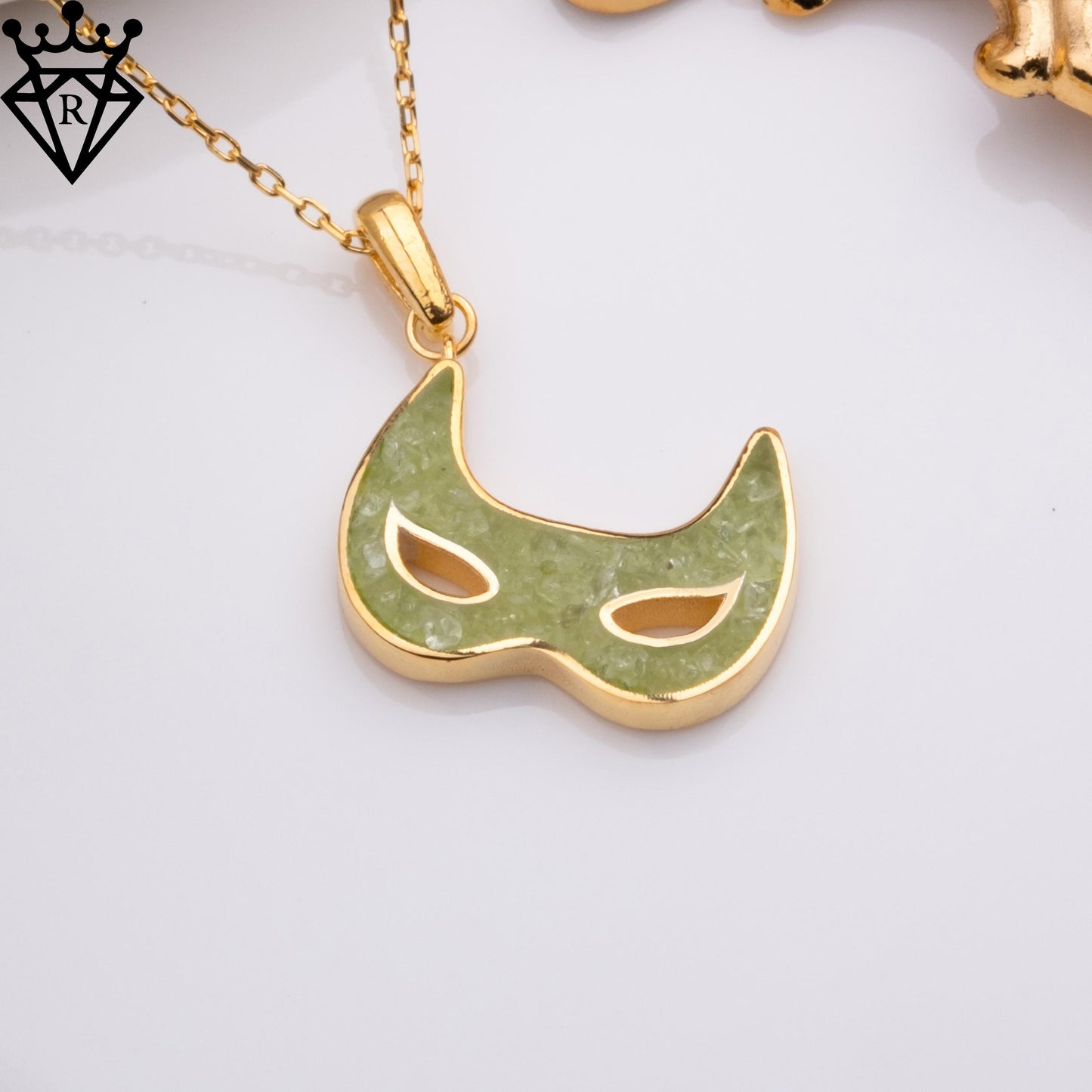 Peridot Mask Necklace – Handmade 925 Sterling Silver Carnival Mask Pendant – Gold Plated Unique Gemstone Jewelry –Green Crystal Gift for Her