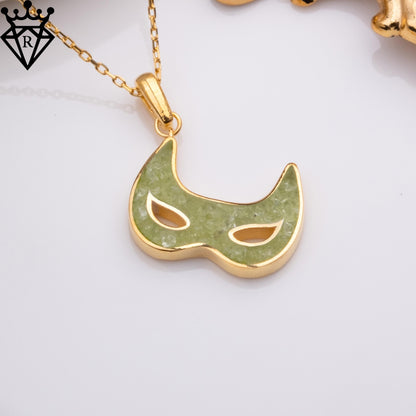 Peridot Mask Necklace – Handmade 925 Sterling Silver Carnival Mask Pendant – Gold Plated Unique Gemstone Jewelry –Green Crystal Gift for Her