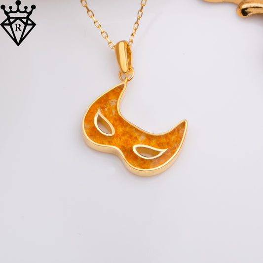 50 Million Year Amber Mask Necklace – 14K Gold Plated 925 Sterling Silver Handmade Fossil Jewelry – Venetian Masquerade Pendant Gift for Her
